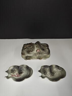 Wales Vintage Ceramic Dragon Cigarette Cigar Box With 2 Ashtrays Made In Japan